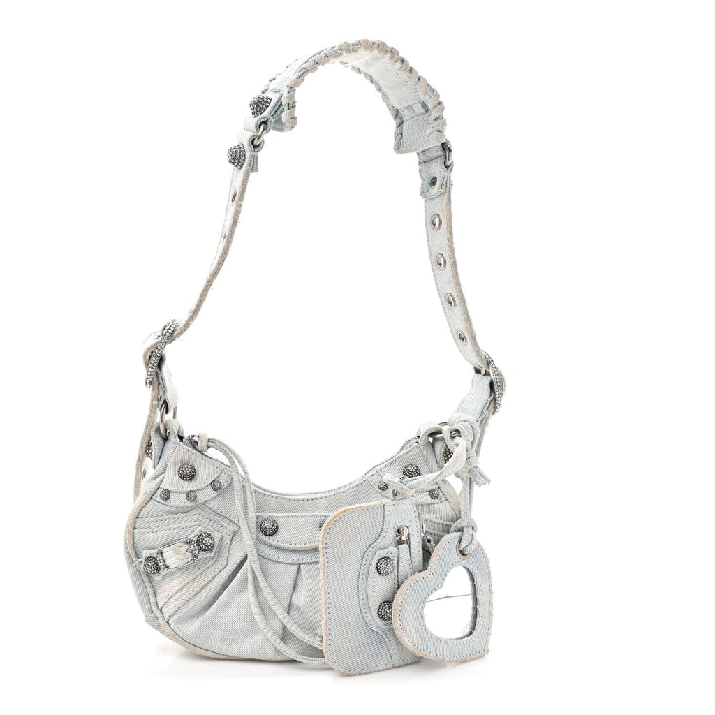 Washed Frayed Denim Crystal XS Le Cagole Shoulder Bag Pale Blue