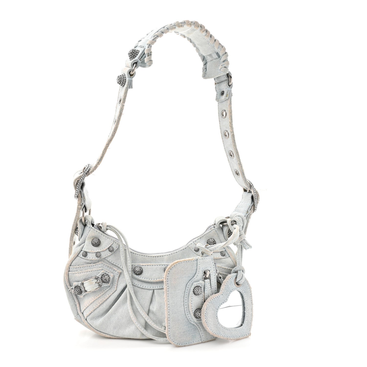 Washed Frayed Denim Crystal XS Le Cagole Shoulder Bag Pale Blue