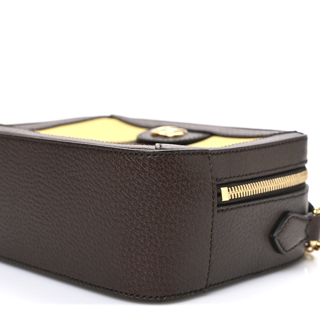 Canvas Textured Calfskin Web Mini Ophidia Top Handle Shoulder Bag Easy Yellow Dark Brown