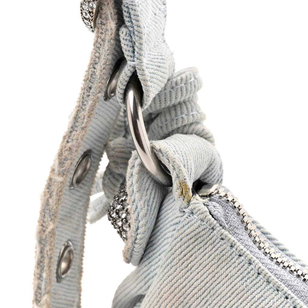 Washed Frayed Denim Crystal XS Le Cagole Shoulder Bag Pale Blue
