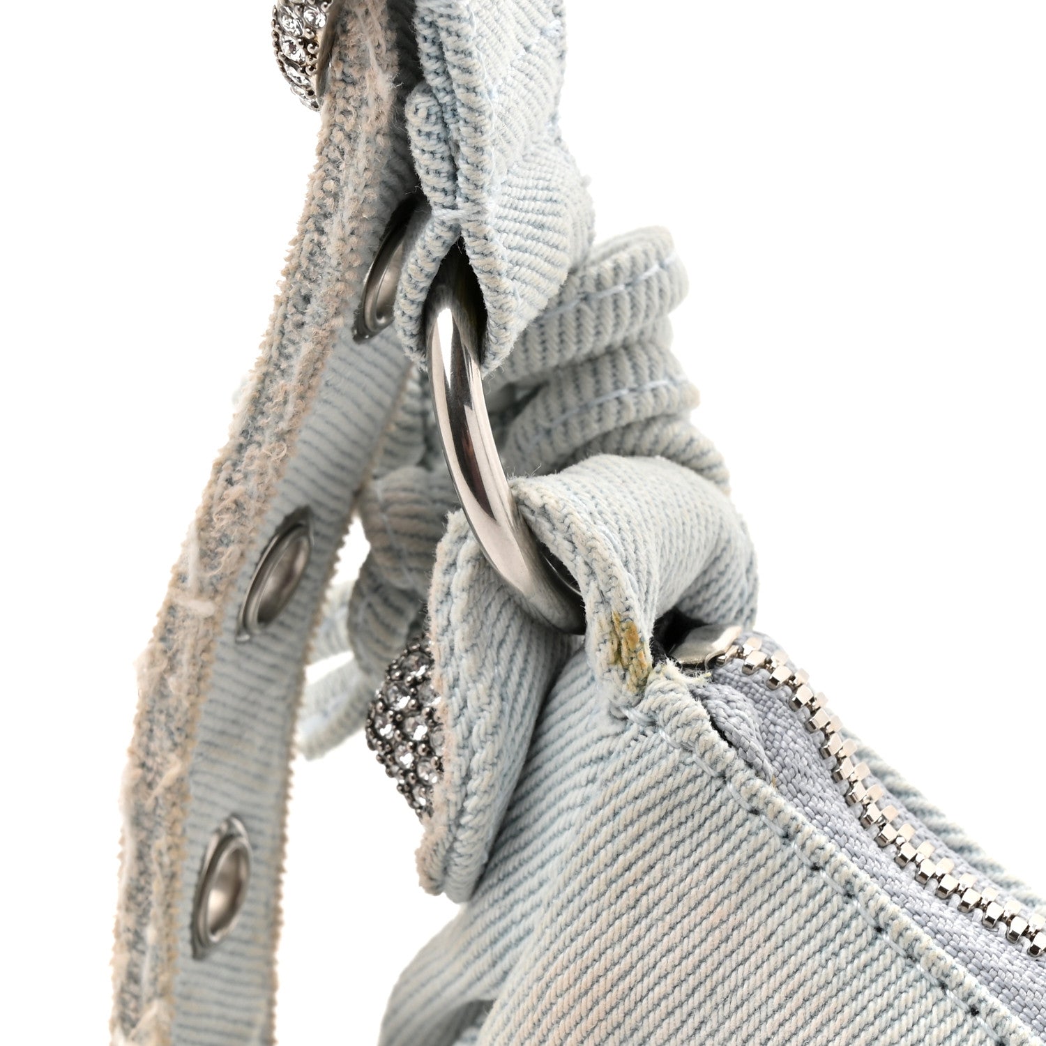 Washed Frayed Denim Crystal XS Le Cagole Shoulder Bag Pale Blue