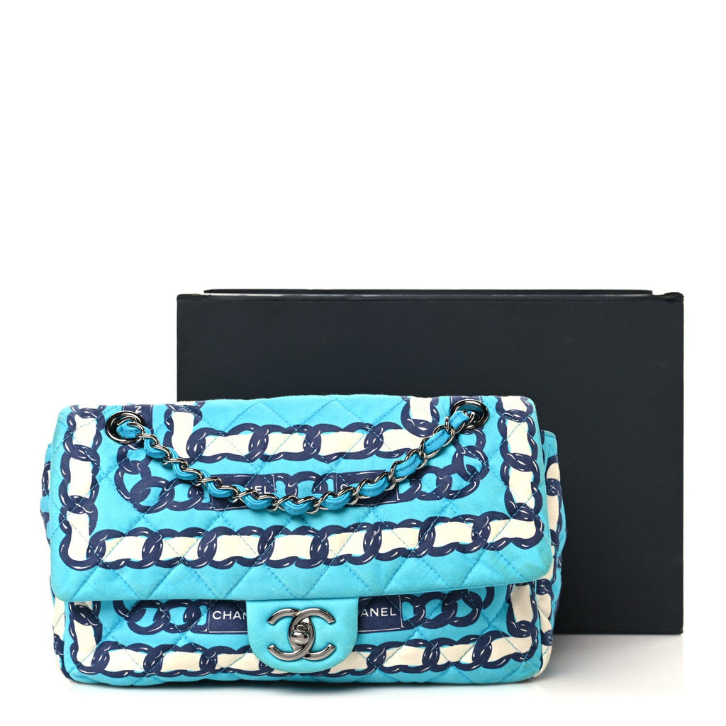 Silk Chain Printed Medium Single Flap Blue
