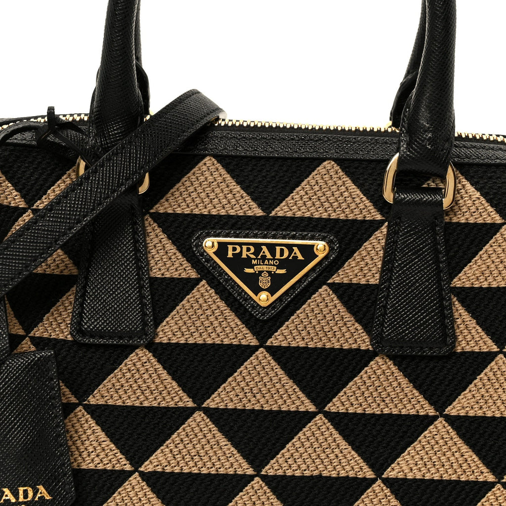 Jacquard Saffiano Triangolo Symbole Embroidered Top Handle Crossbody Bag Black Corda