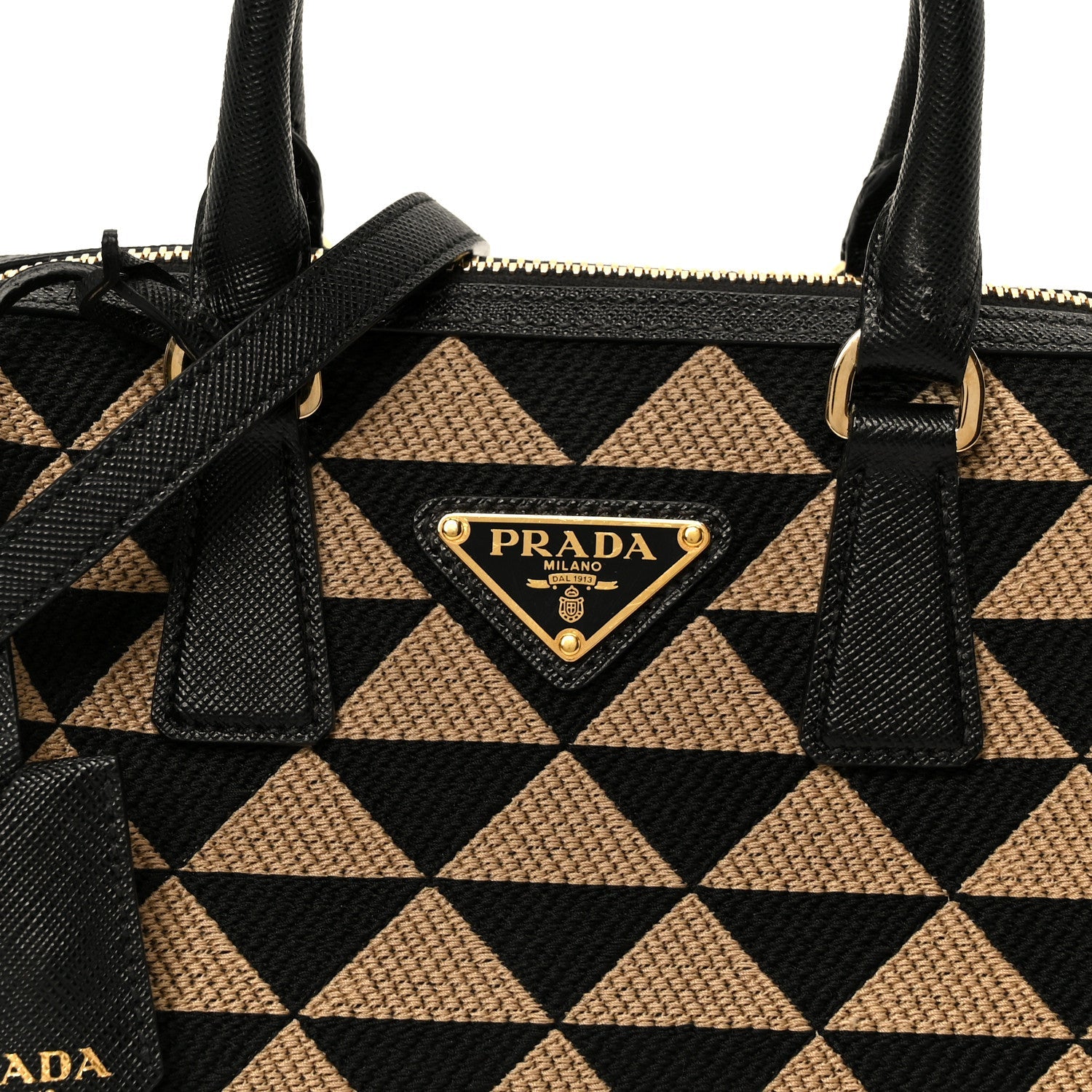 Jacquard Saffiano Triangolo Symbole Embroidered Top Handle Crossbody Bag Black Corda
