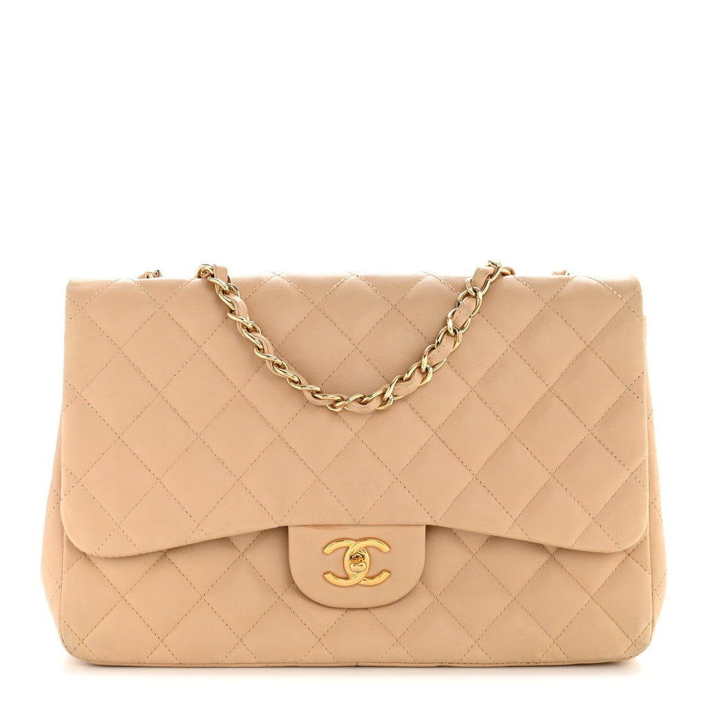 Lambskin Quilted Jumbo Single Flap Beige