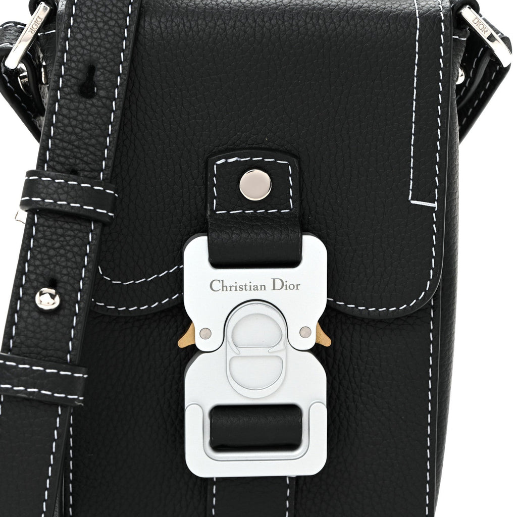 Grained Calfskin Vertical Saddle Pouch With Strap Black