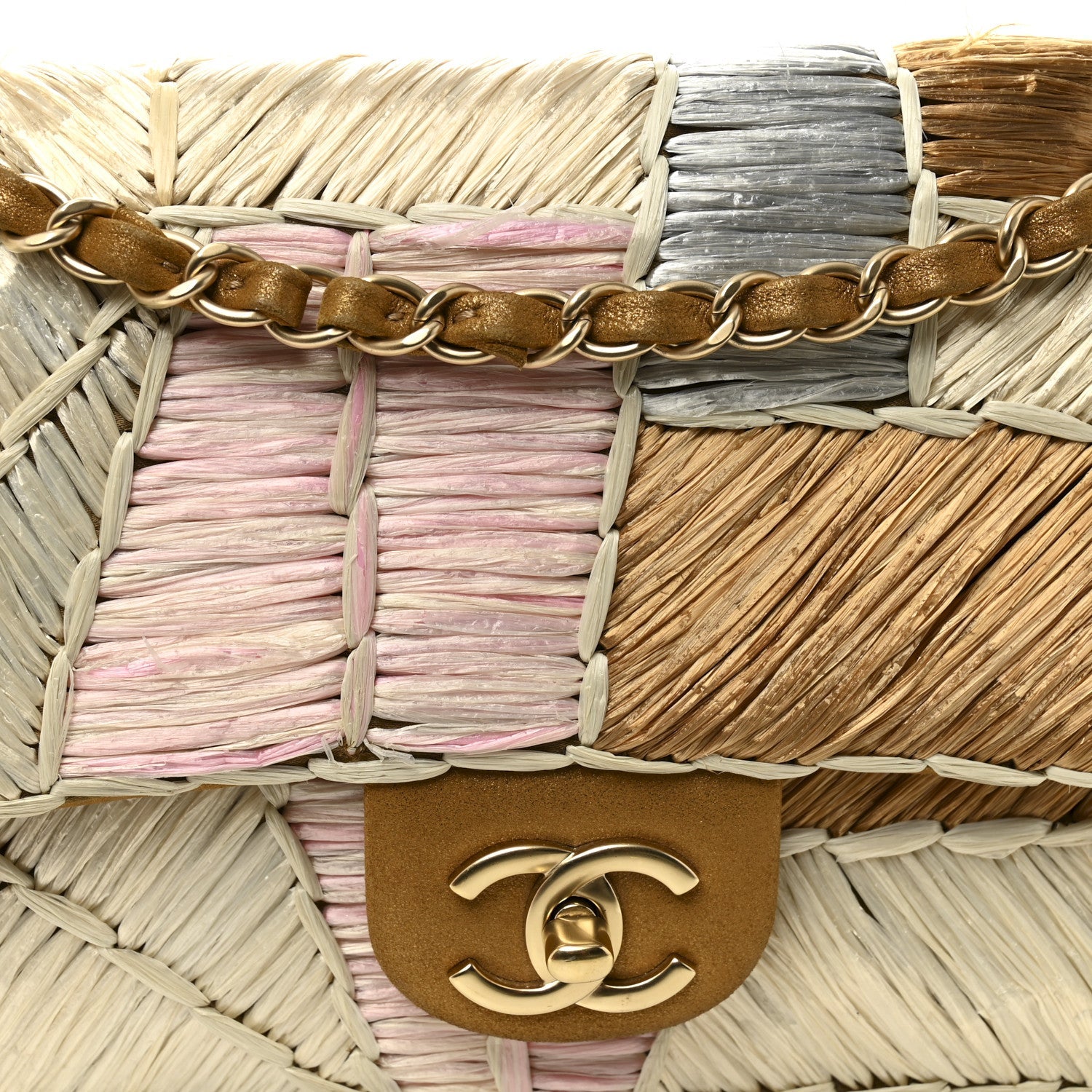 Metallic Woven Raffia Patchwork Single Flap Gold