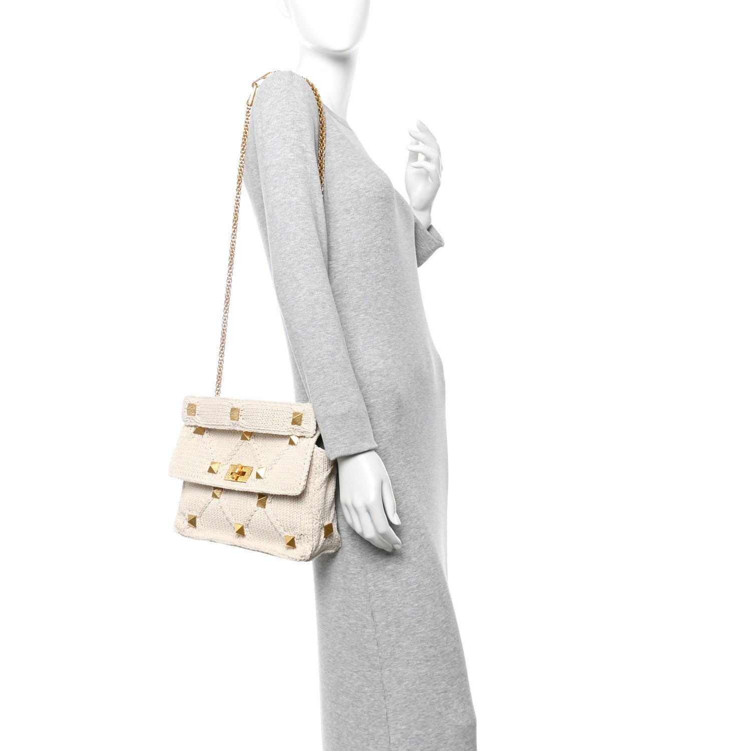 Knit Large Roman Stud Shoulder Bag Ecru