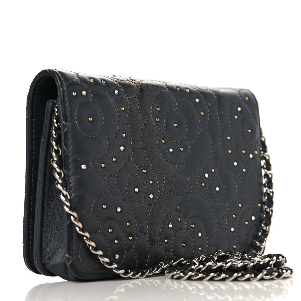 Lambskin Camellia Studded Wallet on Chain WOC Grey