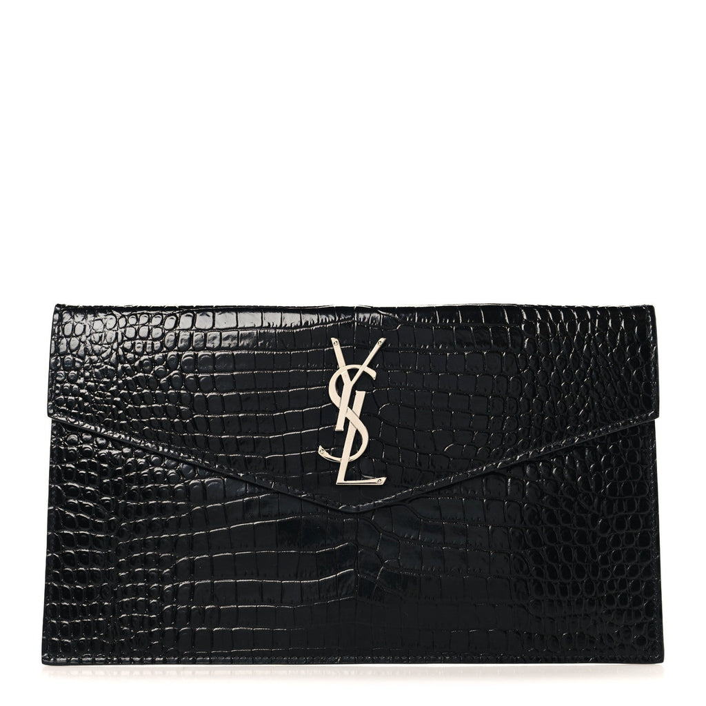 Calfskin Crocodile Embossed Uptown Monogram Pouch Black
