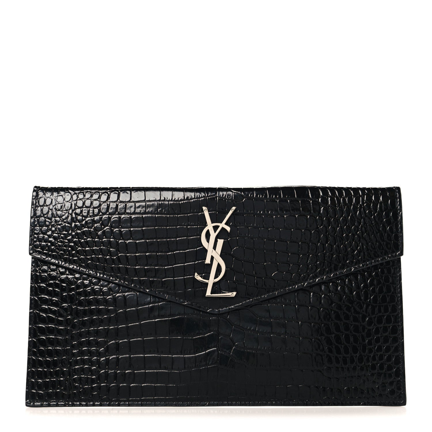 Calfskin Crocodile Embossed Uptown Monogram Pouch Black