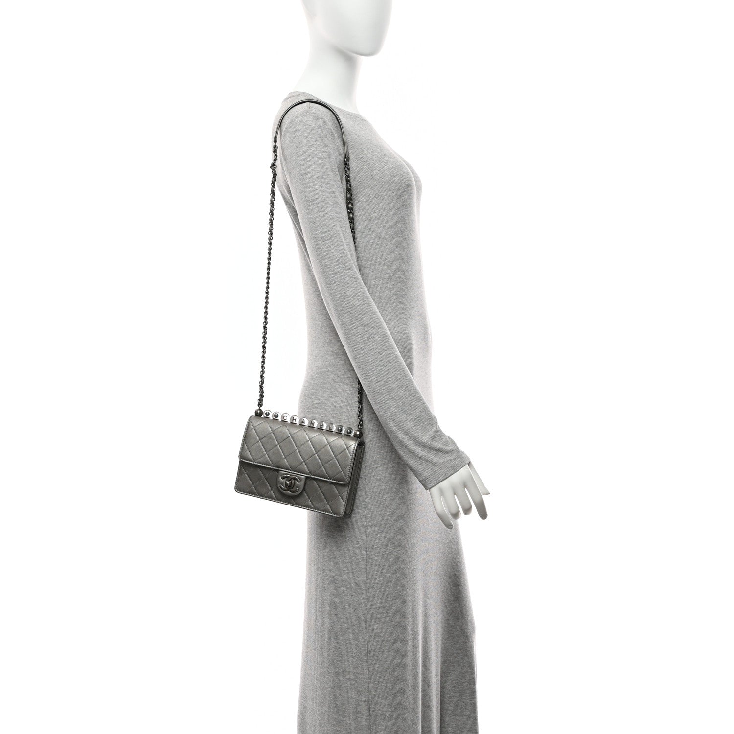 Metallic Goatskin Quilted Small Chic Pearls Flap Silver