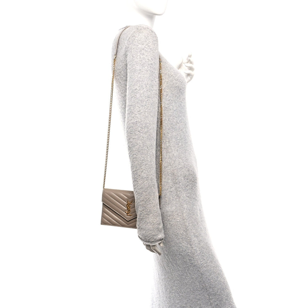 Lambskin Matelasse Chevron Monogram Envelope Chain Wallet Dusty Grey