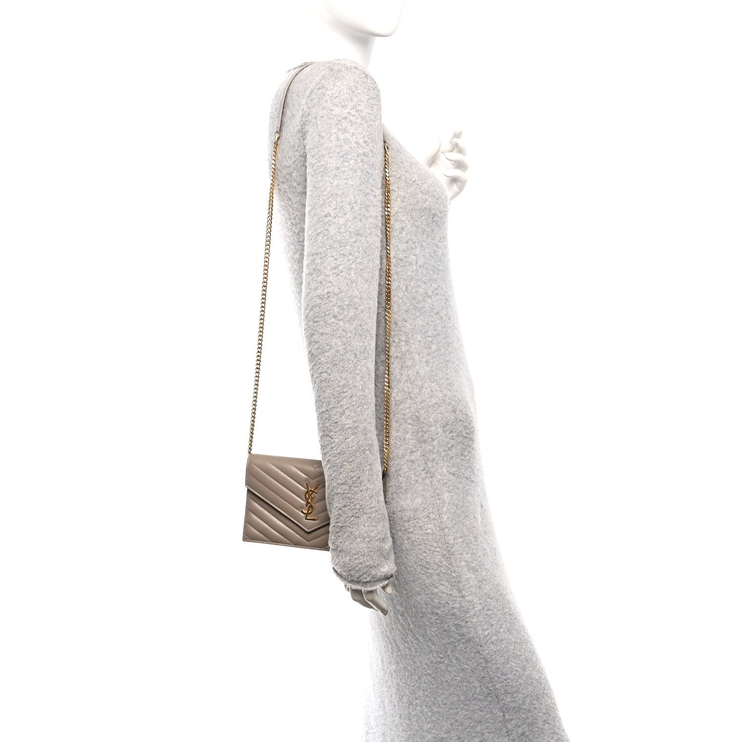 Lambskin Matelasse Chevron Monogram Envelope Chain Wallet Dusty Grey