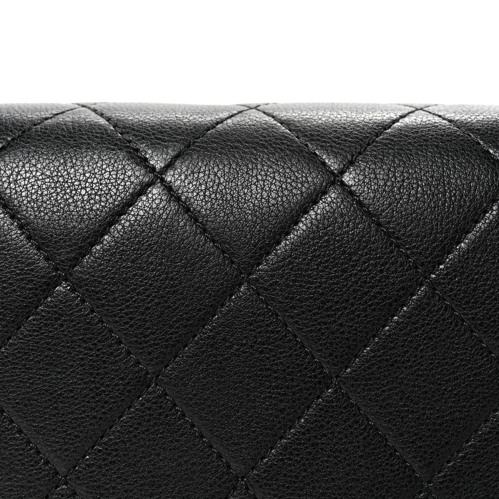 Grained Calfskin Quilted Large Label  Flap Bag Black