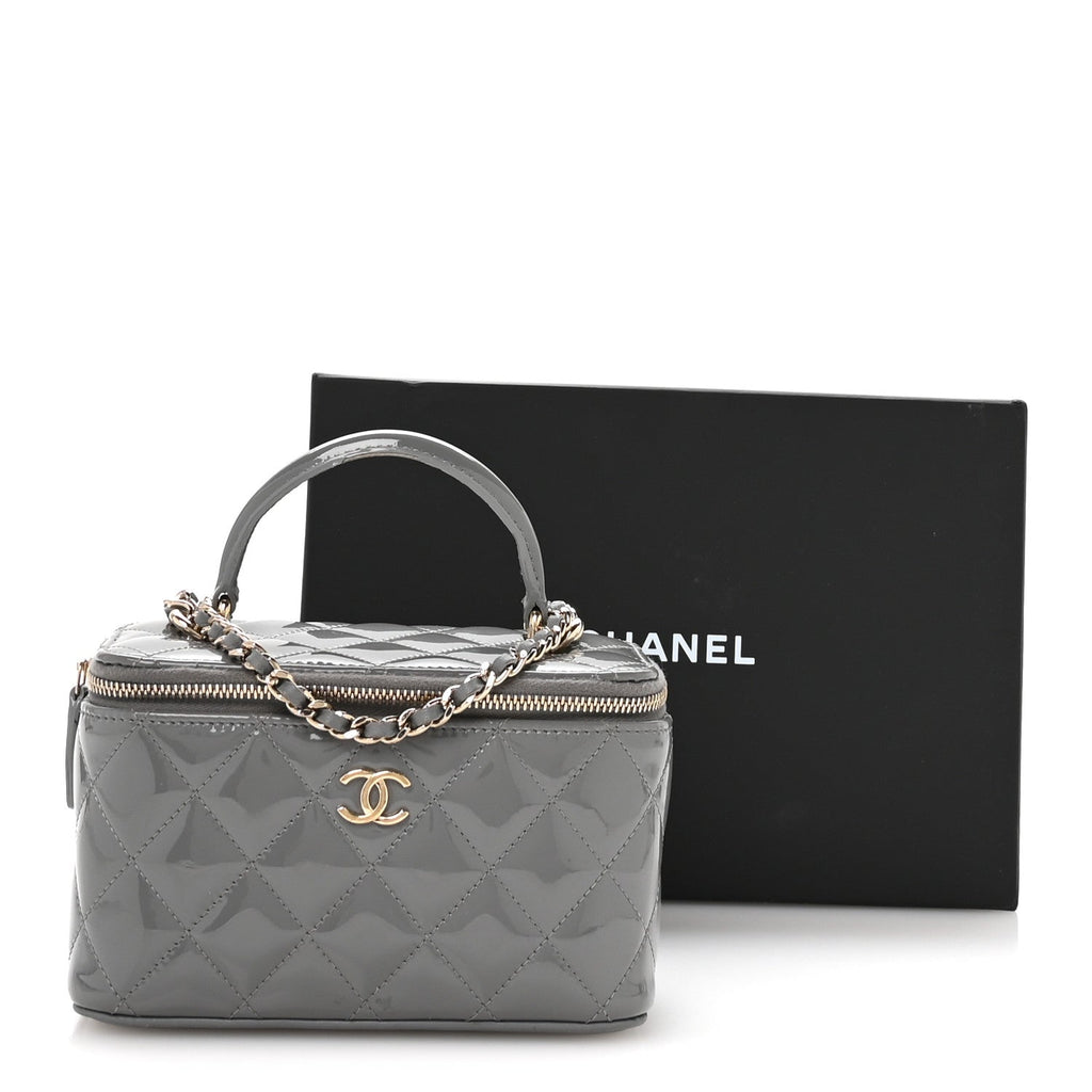 Patent Quilted Quilted Small Top Handle Vanity Case With Chain Grey