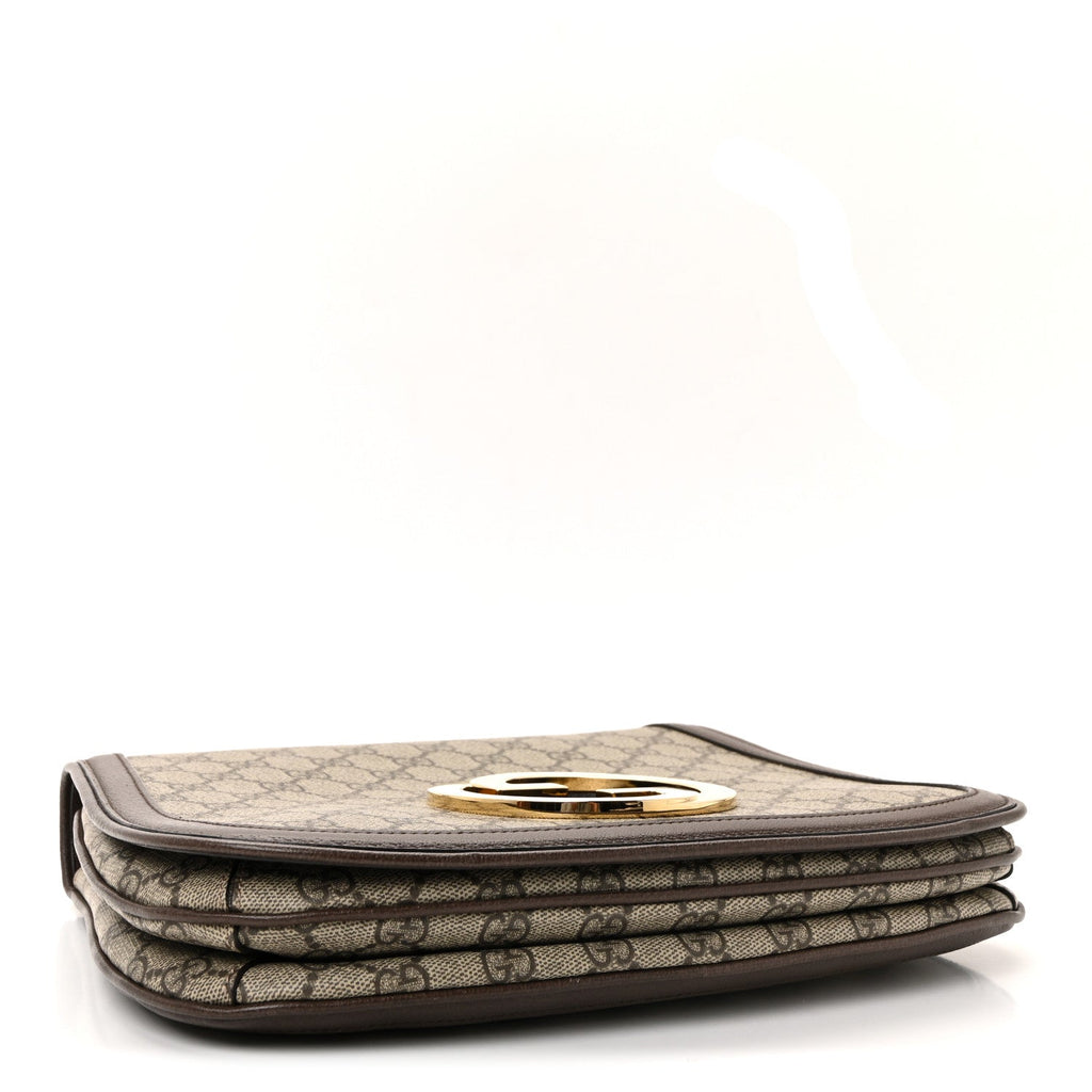 GG Supreme Monogram Textured Dollar Calfskin Web Medium Blondie Top Handle Shoulder Flap Bag Beige Ebony New Acero