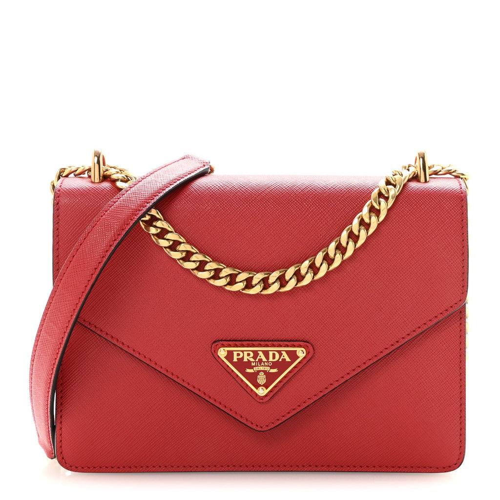 Saffiano Soft Calfskin Metal Triangle Logo Envelope Chain Shoulder Bag Fuoco