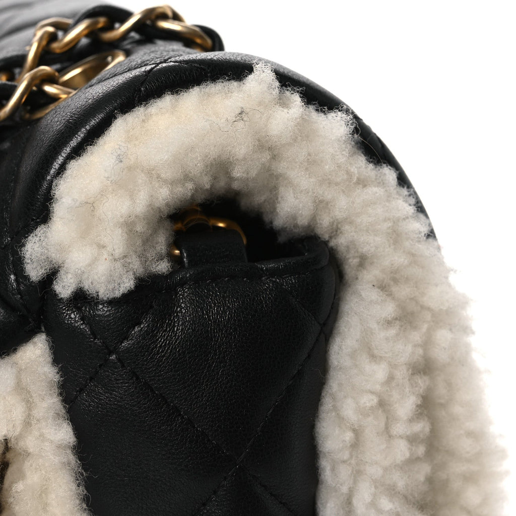 Lambskin Shearling Large CC Flap Bag Black White