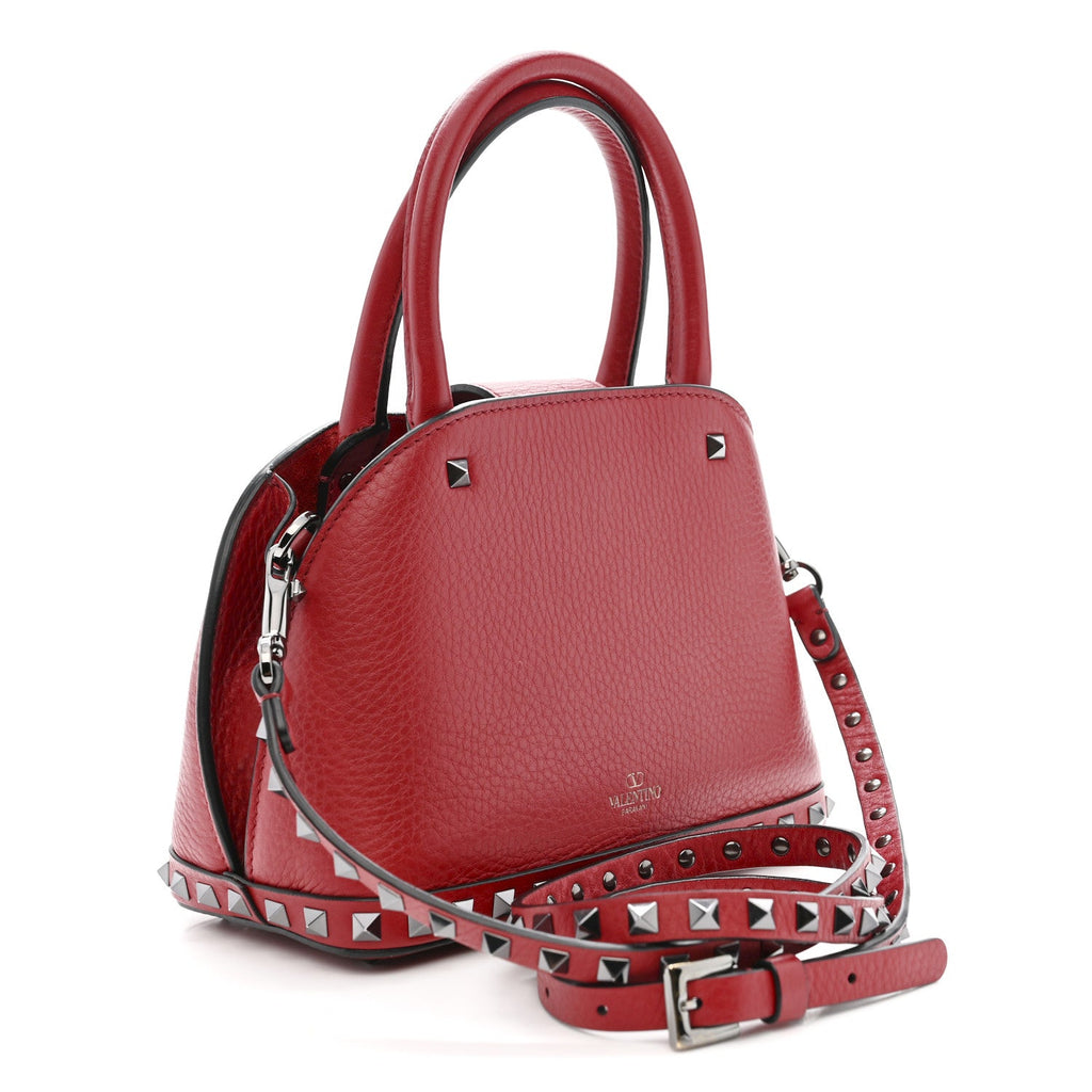 Grainy Calfskin Small Rockstud Double Top Handle Bag Rosso Valentino