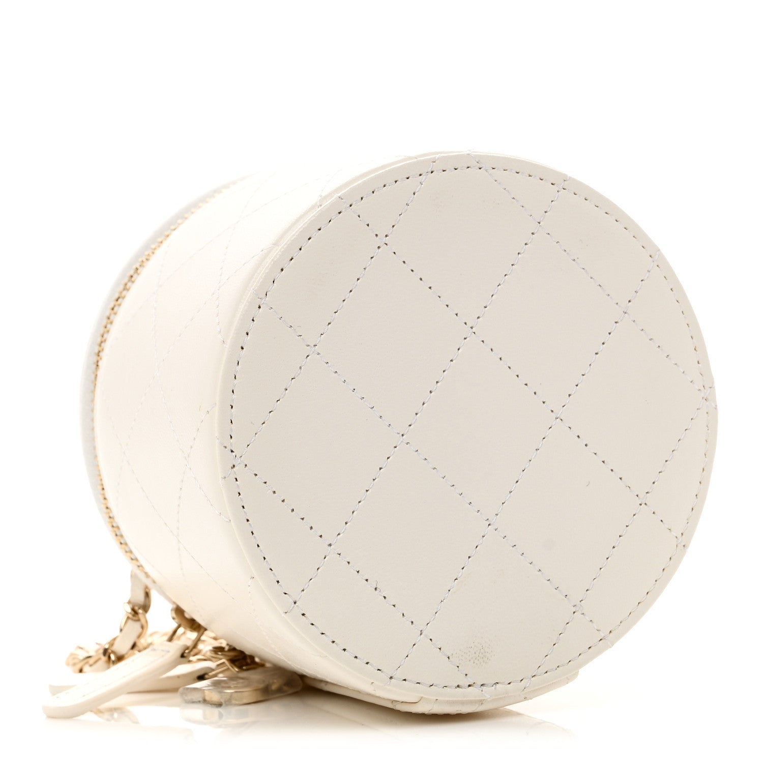 Lambskin Quilted Round Small Vanity Case With Chain White Black