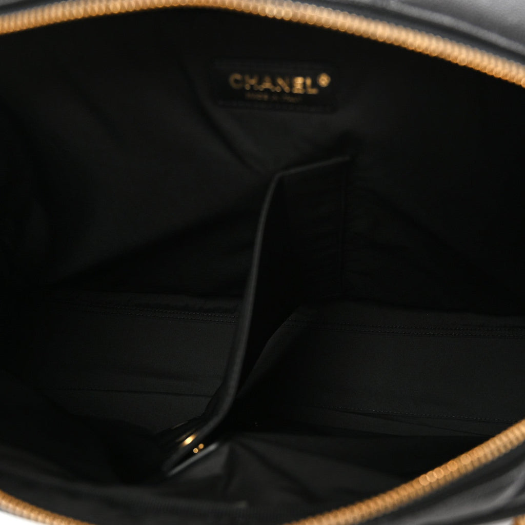 Shiny Grained Calfskin Quilted Travel Bowling Bag Black