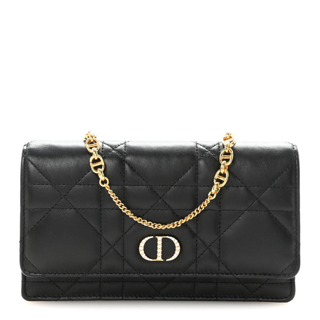 Lambskin Crystal Macrocannage Caro Pouch With Chain Black