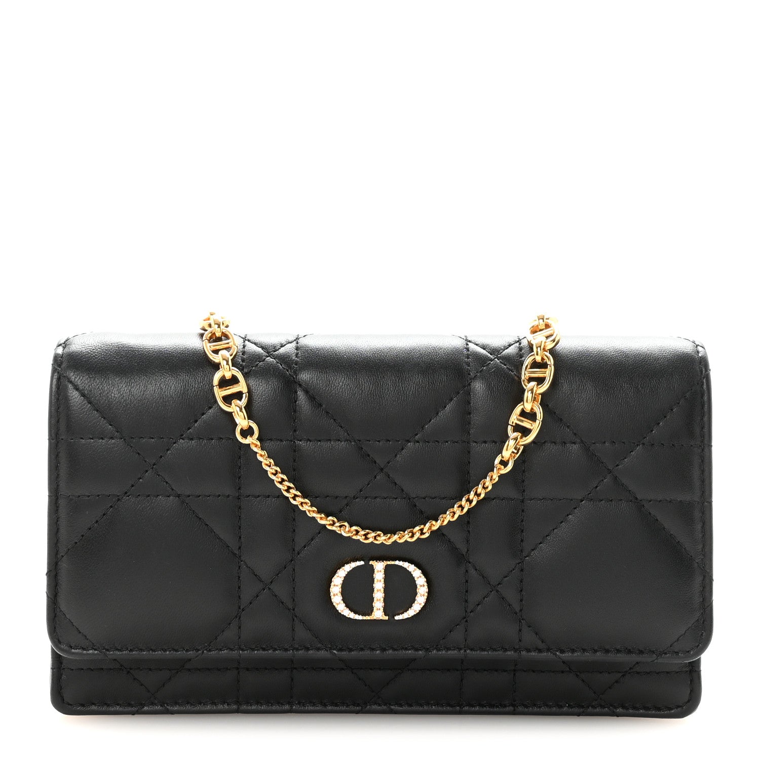 Lambskin Crystal Macrocannage Caro Pouch With Chain Black
