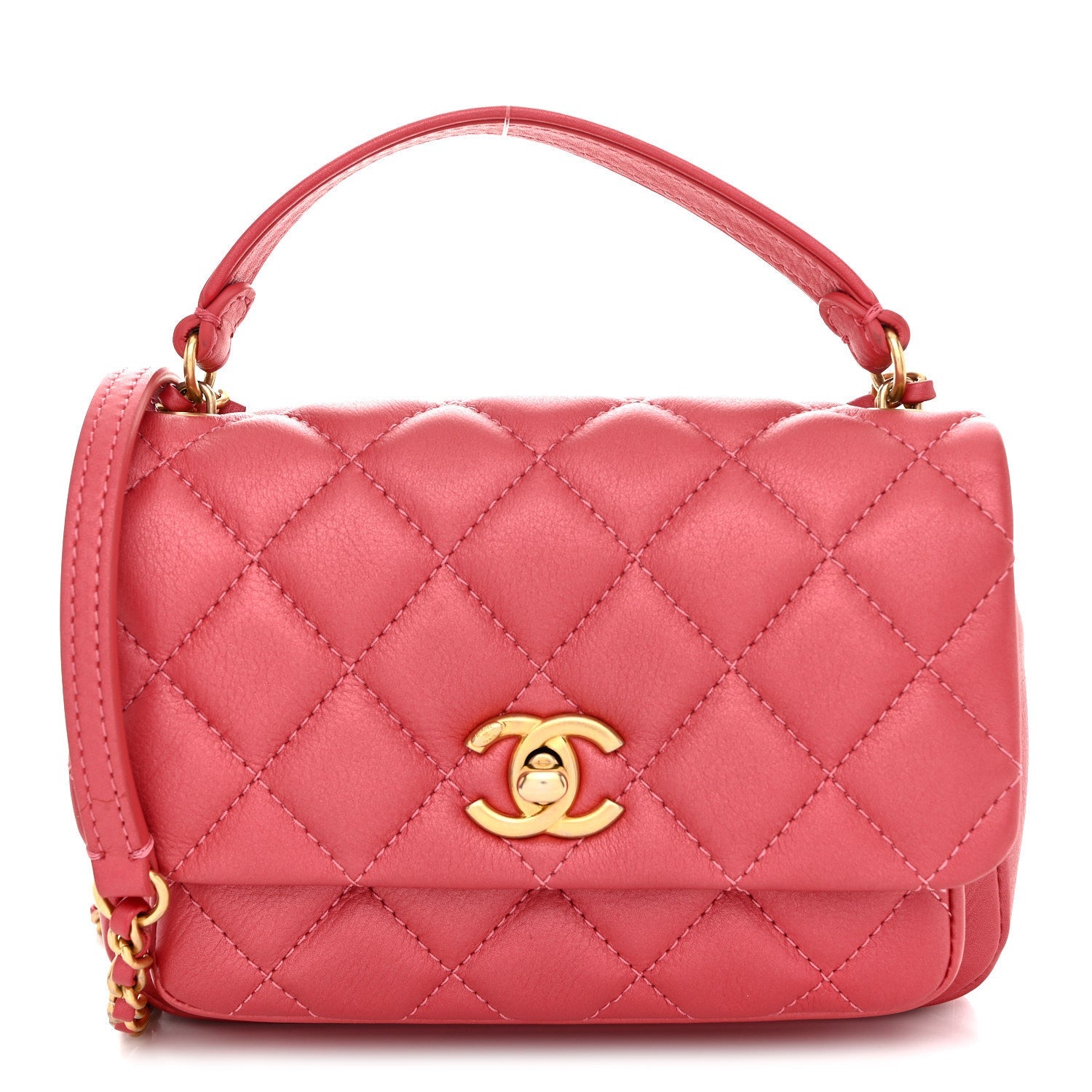 Metallic Calfskin Quilted Top Handle Flap Dark Pink
