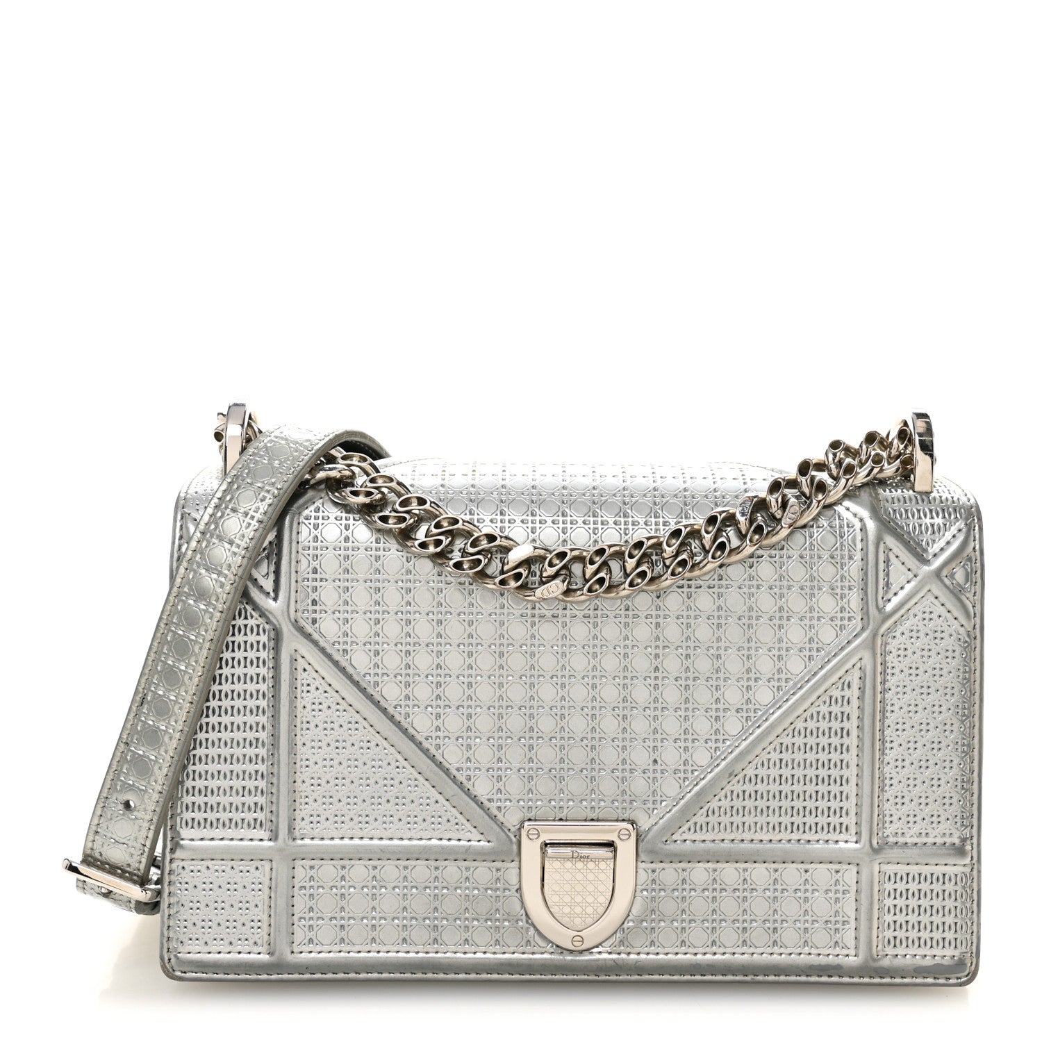 Metallic Patent Micro-Cannage Small Diorama Flap Bag Silver