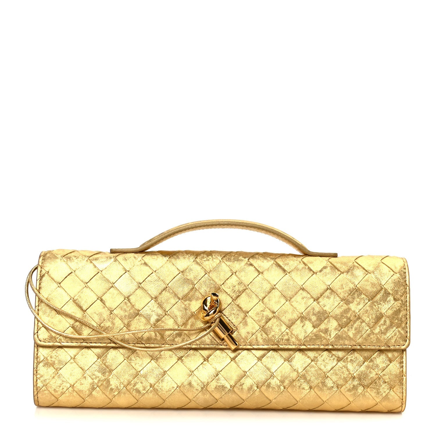 Metallic Satin Lambskin Intrecciato Long Andiamo Top Handle Clutch Gold