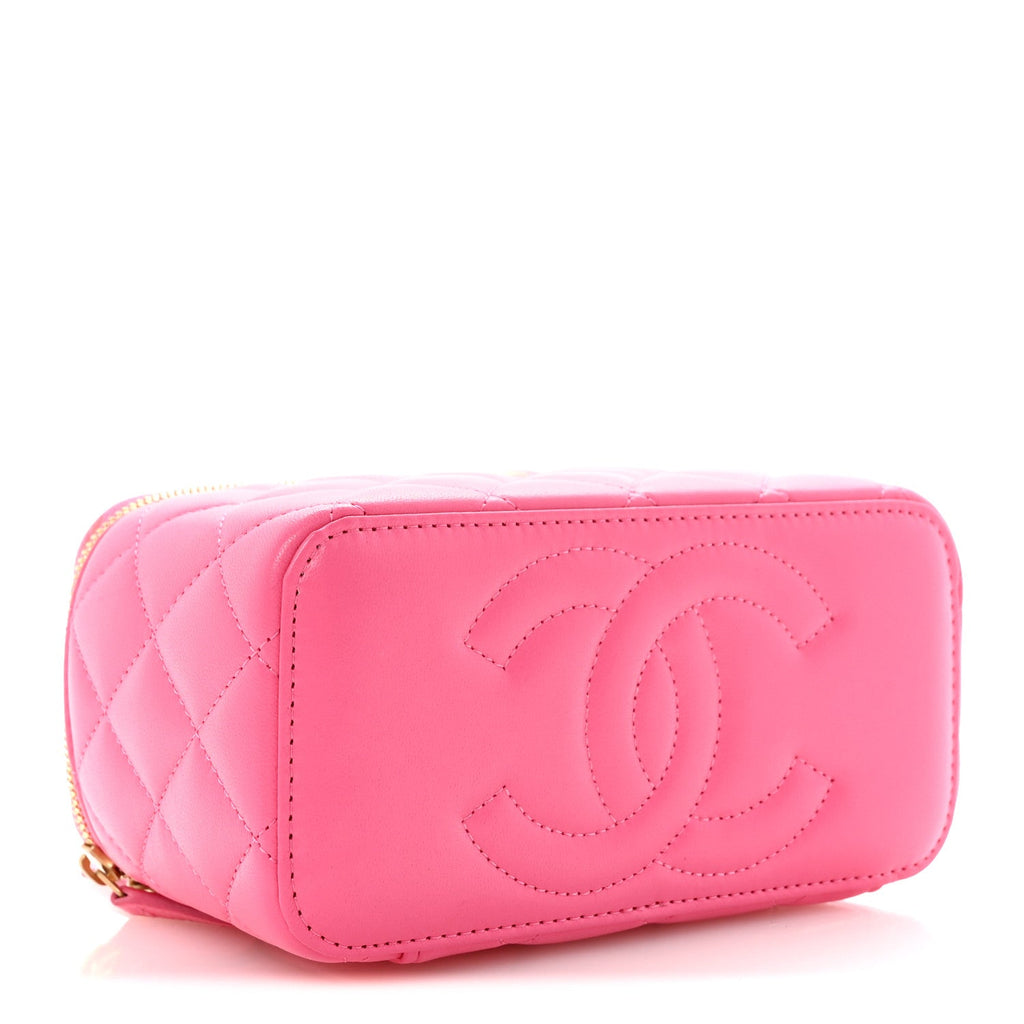 Lambskin Enamel Quilted Small Coco Hearts Vanity Case With Chain Pink