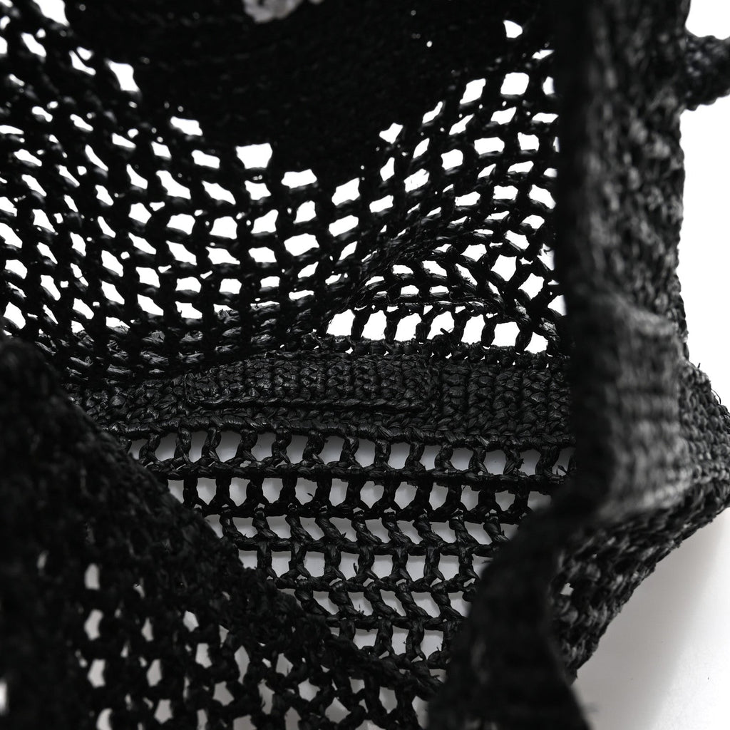 Yarn Raffia Effect Crochet Logo Embroidered Tote Bag Black