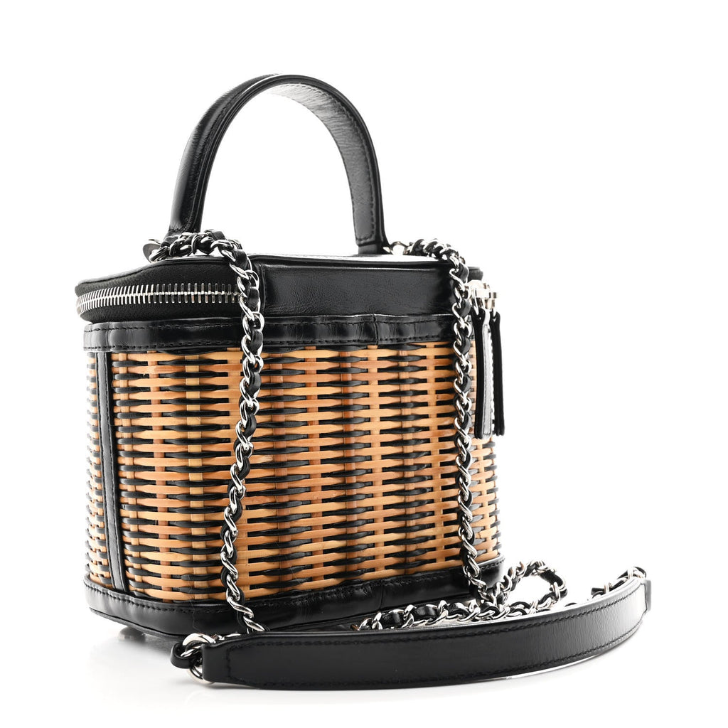 Calfskin Raffia Small Vanity Case Bag Black Beige