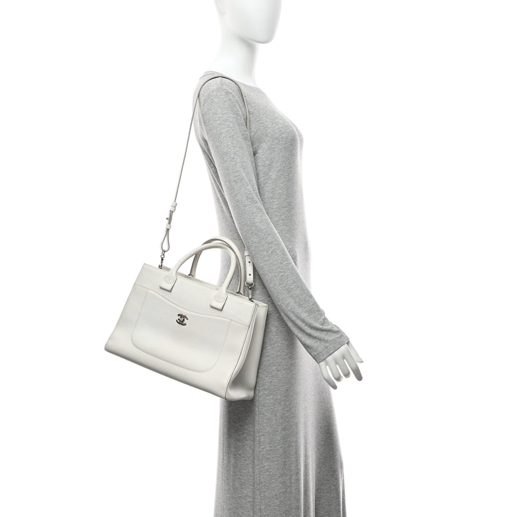 Grained Calfskin Small Neo Executive Shopper Tote White