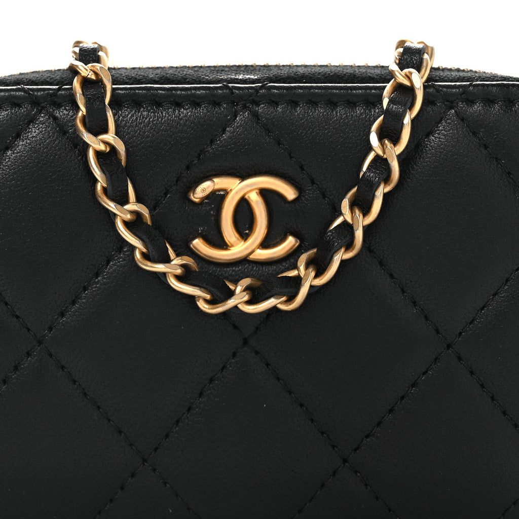 Lambskin Quilted CC Pearl Crush Zip  Holder On Chain Black