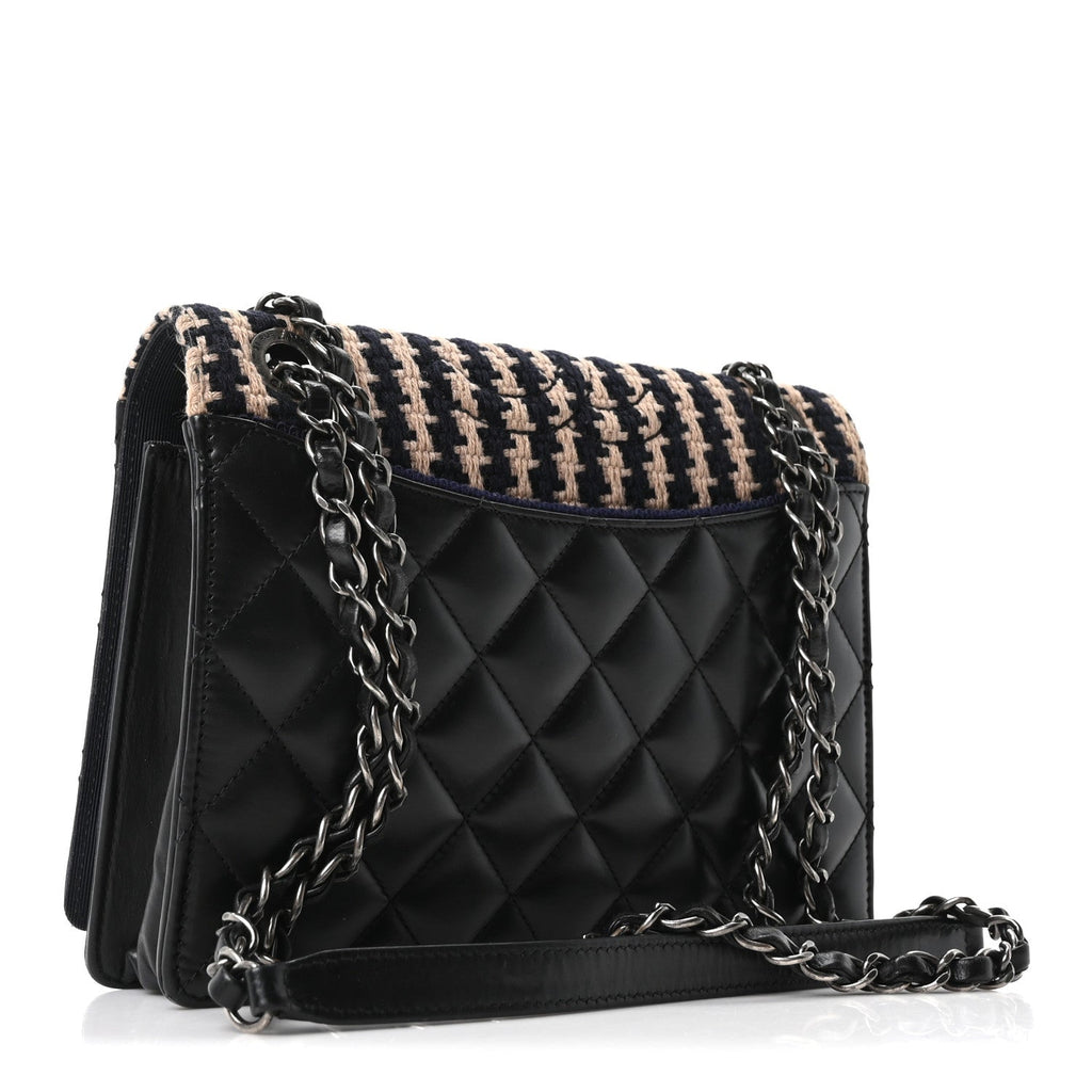 Tweed Calfskin Quilted Ballerine Flap Black Navy Beige