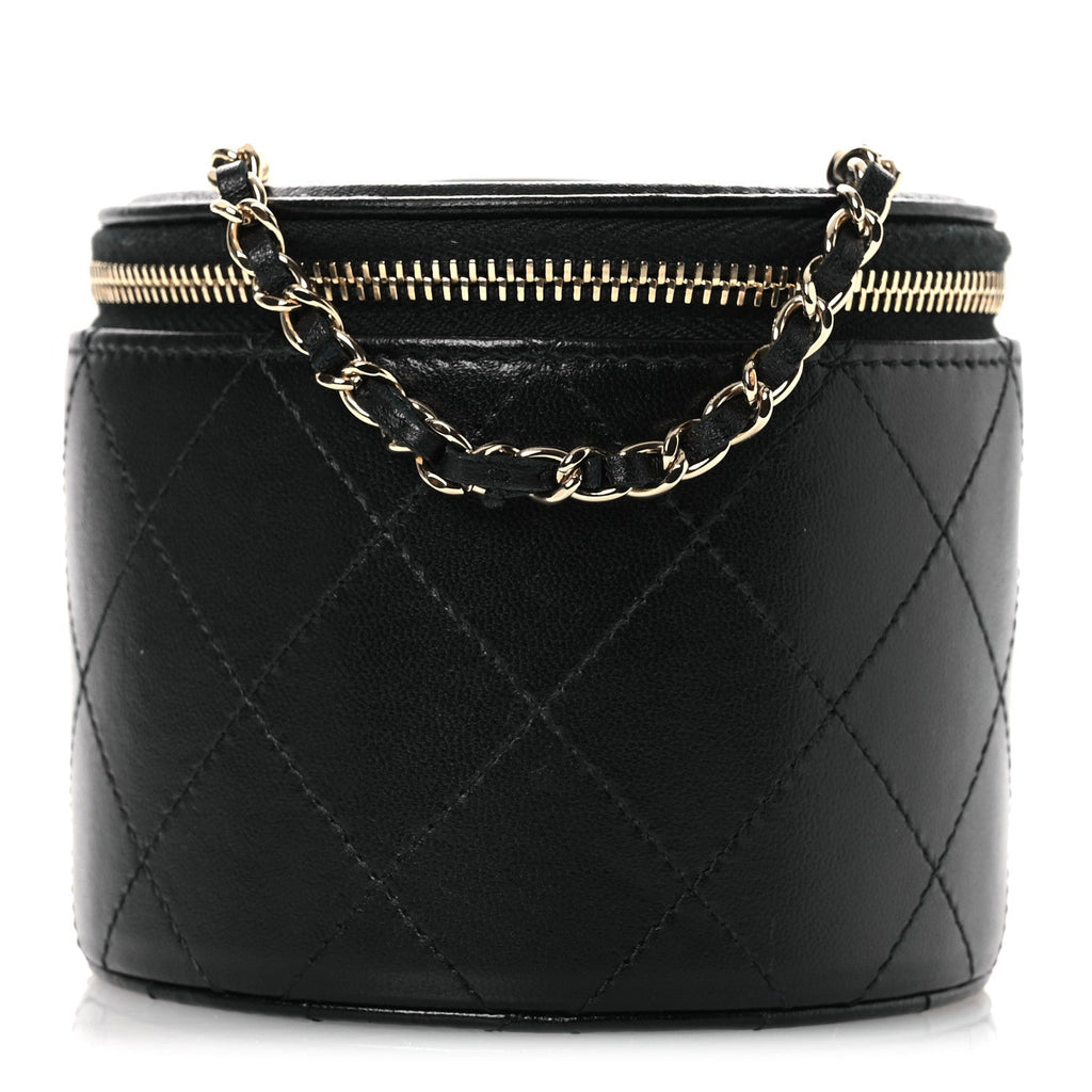 Lambskin Quilted Round Small Vanity Case With Chain Black