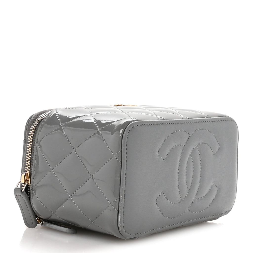 Patent Quilted Quilted Small Top Handle Vanity Case With Chain Grey