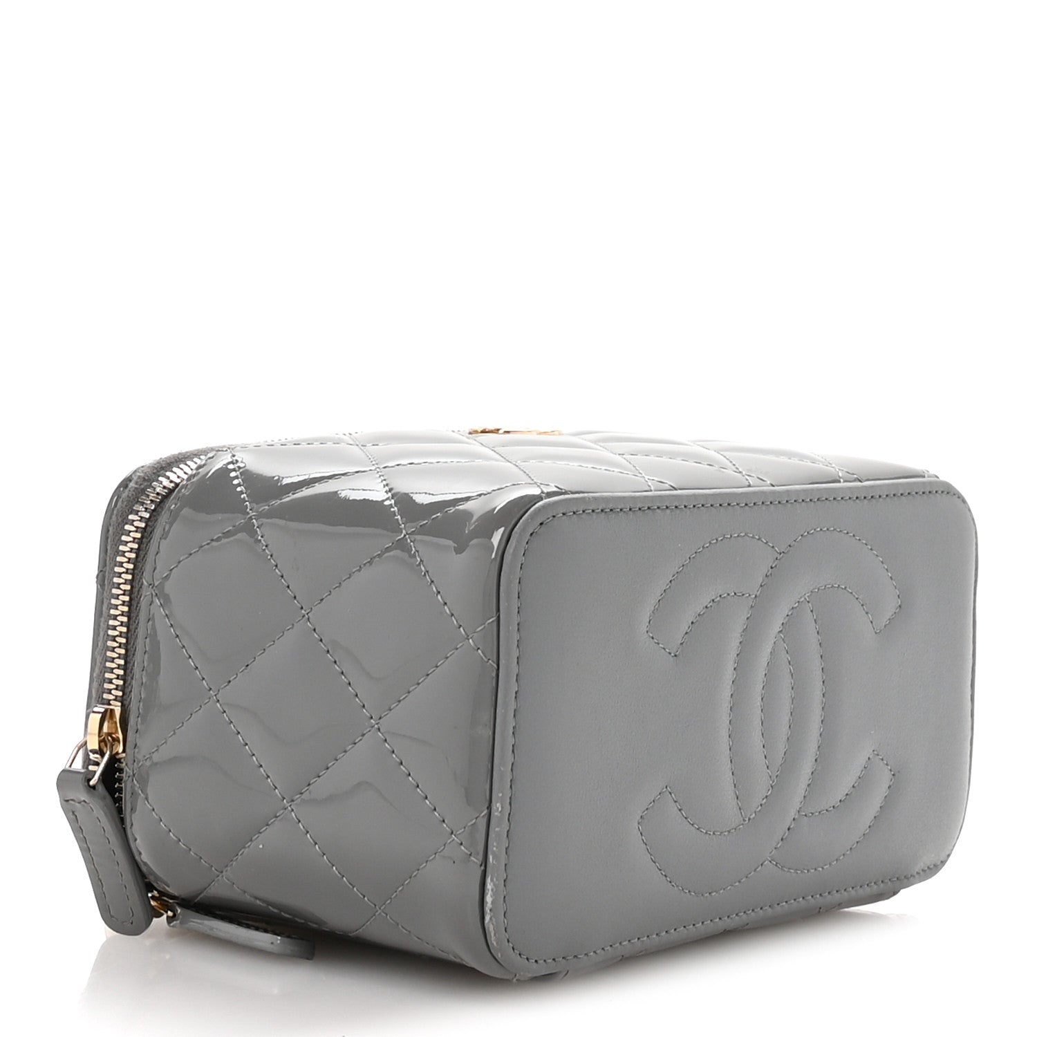 Patent Quilted Quilted Small Top Handle Vanity Case With Chain Grey