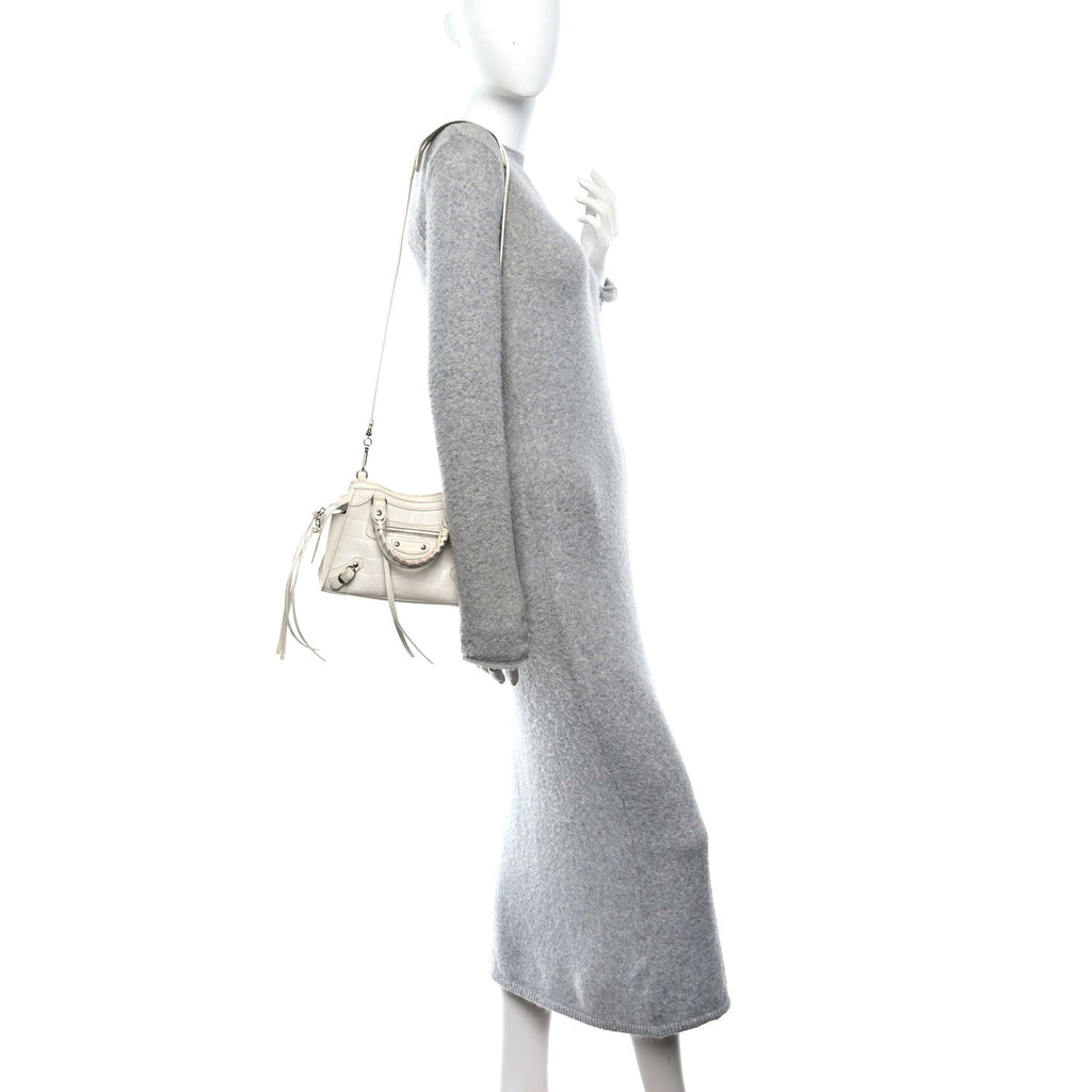 Semi Shiny Calfskin Crocodile Embossed Neo Classic Silver Hardware Nano City Crossbody White