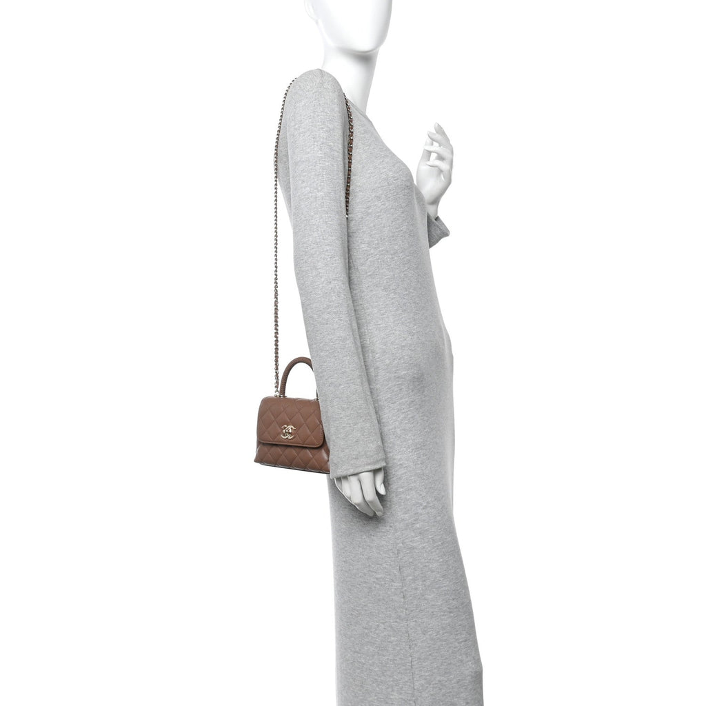Caviar Lizard Embossed Quilted Coco Handle Clutch With Chain Brown