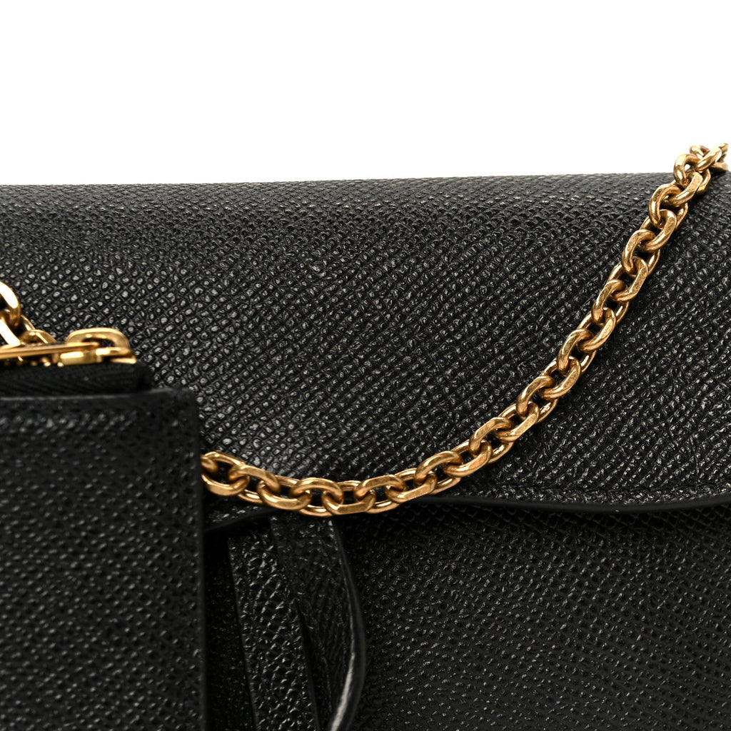Grained Calfskin Saddle Chain Wallet Pouch Black