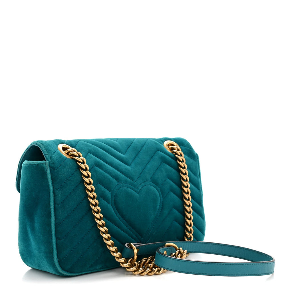 Velvet Matelasse Small GG Marmont Shoulder Bag Pavone Cyan