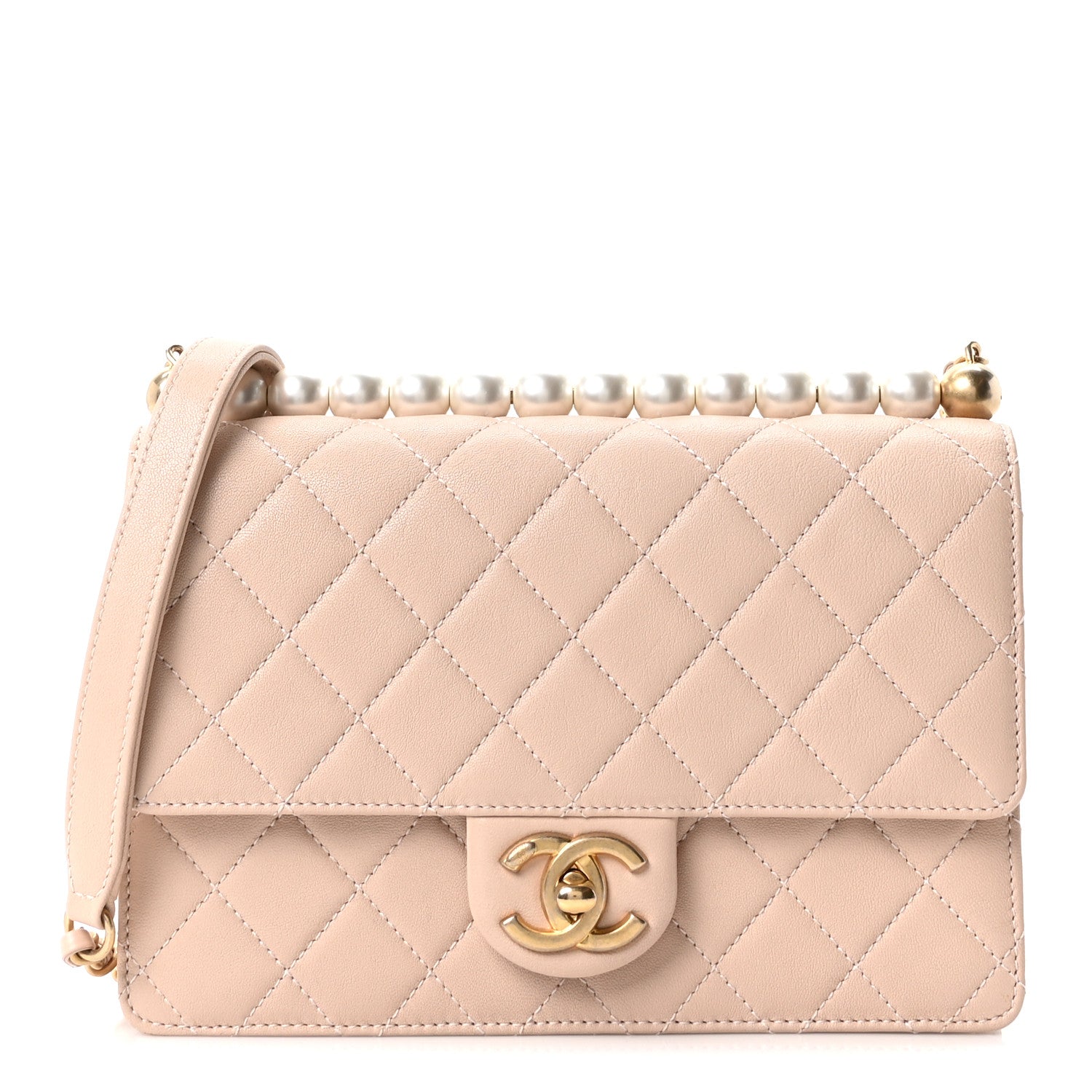 Goatskin Quilted Small Chic Pearls Flap Beige
