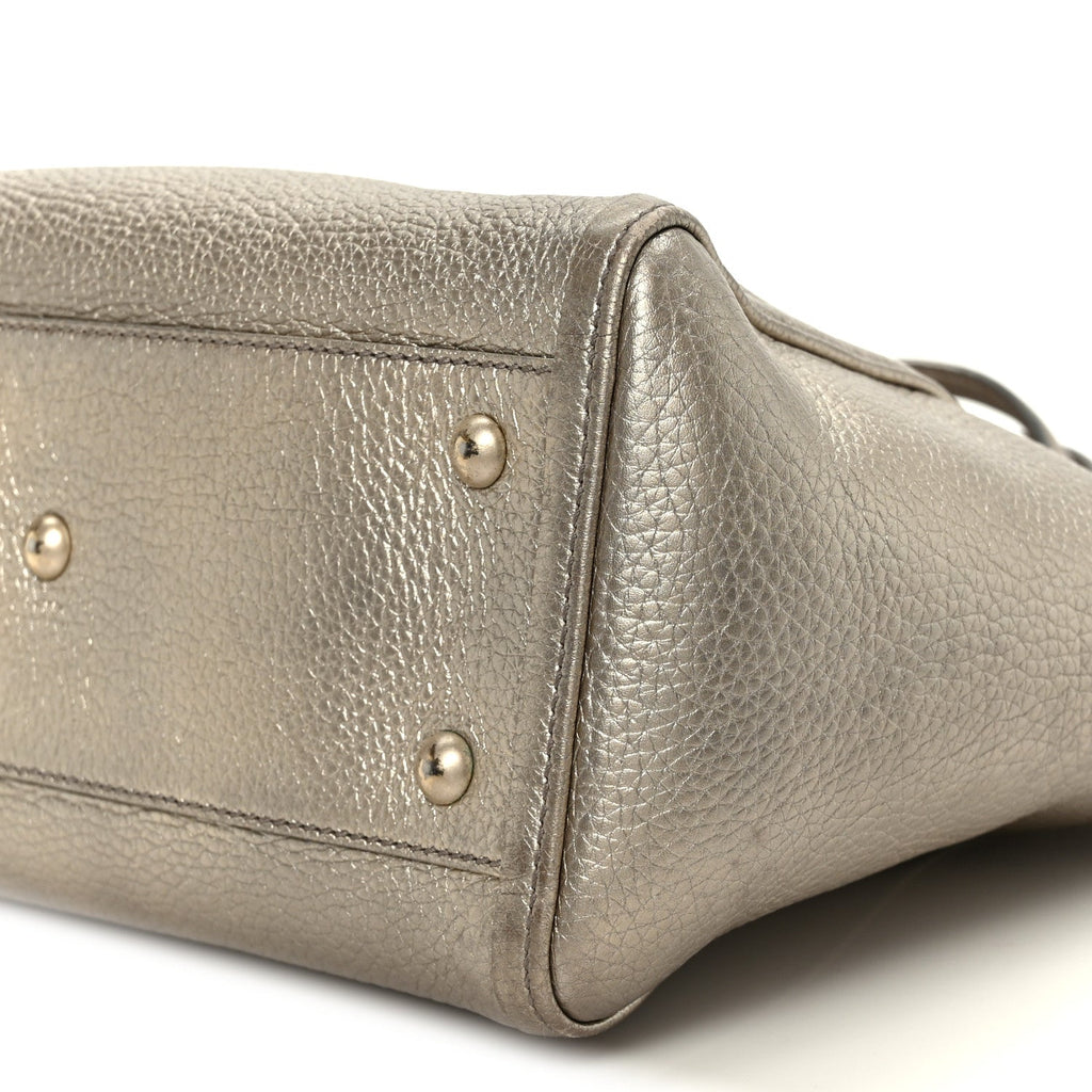 Metallic Pebbled Calfskin Small Soho Top Handle Bag Golden Beige