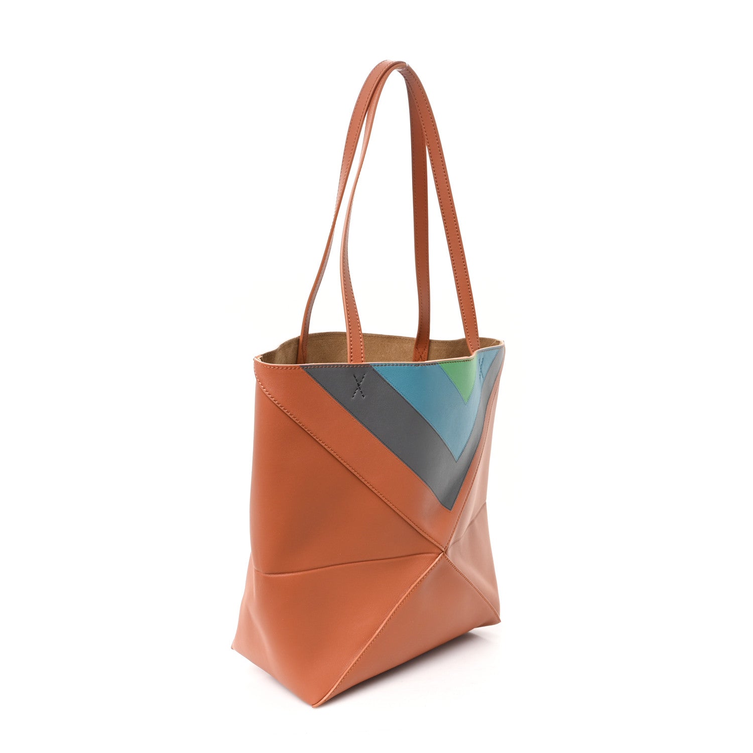 x Albers Calfskin Medium Puzzle Fold Tote Caramel Bright Green