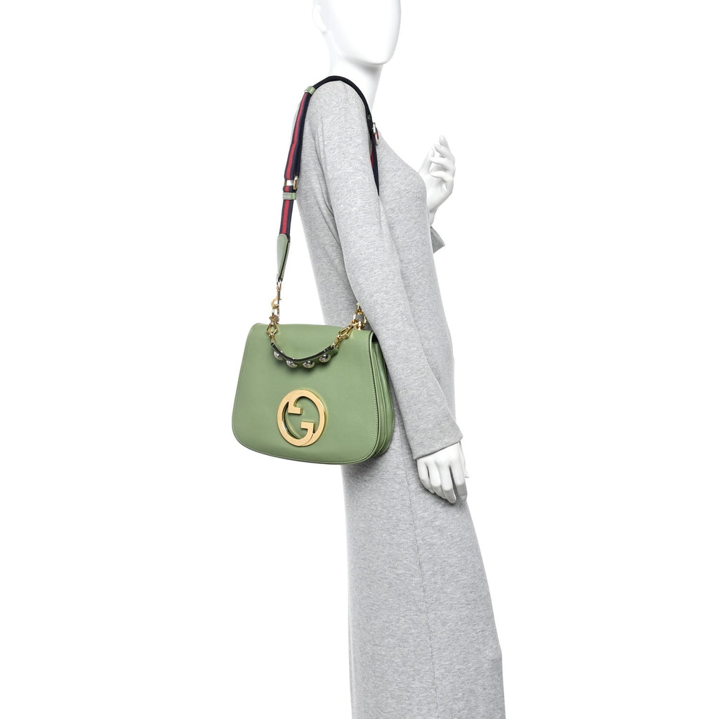 Roxy Calfskin Web Medium Blondie Top Handle Shoulder Flap Bag Salamander Green