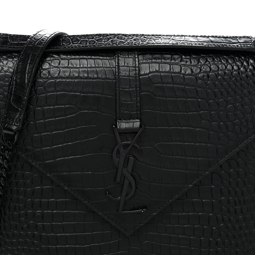 Calfskin Crocodile Embossed Monogram Large Satchel Black