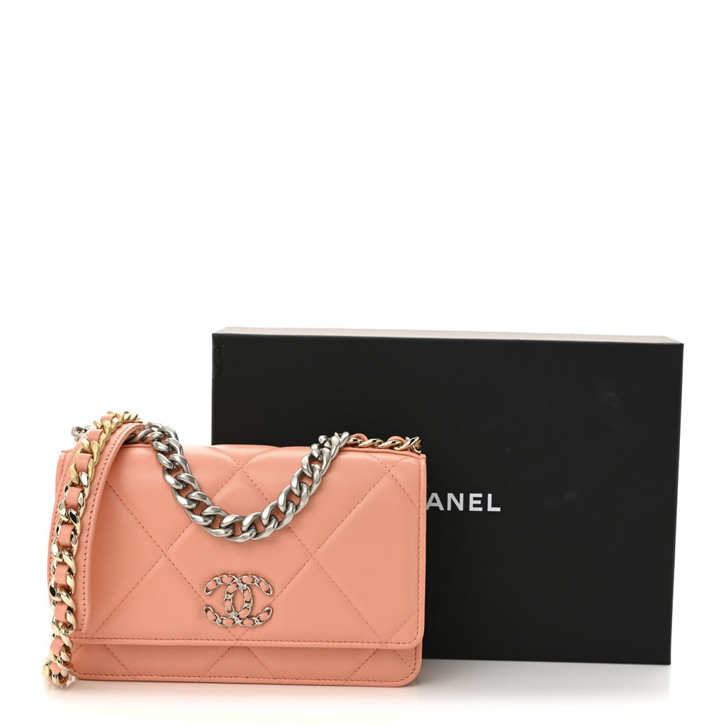 Lambskin Quilted Chanel 19 Wallet On Chain WOC Light Orange